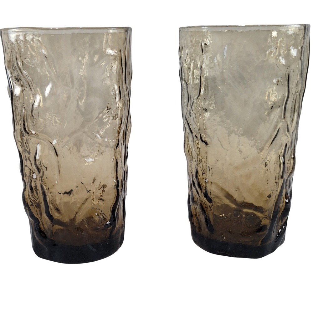 2 Bark Textured Driftwood Iced Tea Water Glass Tumblers Cup Brown Amber MCM
